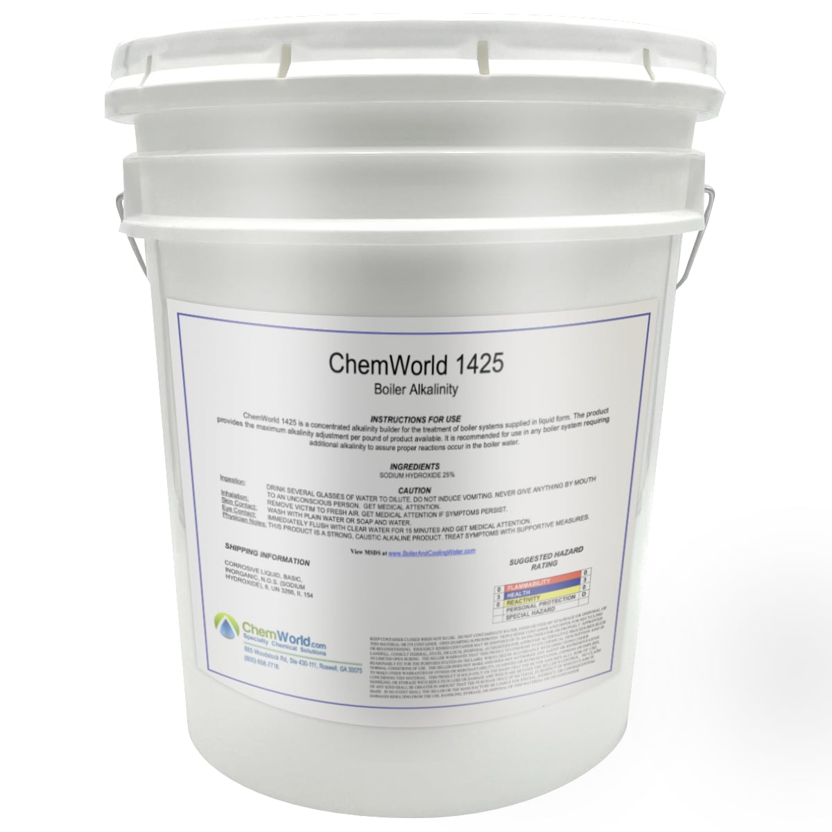 ChemWorld 1425 is a 25% solution. Each ppm of product contributes 0.31 ppm of alkalinity as CaCO3. This product is commonly used in mid to large steam boilers to increase the boiler water pH. Consider using pH water strips or alkalinity test kits to monitor the boiler water pH.